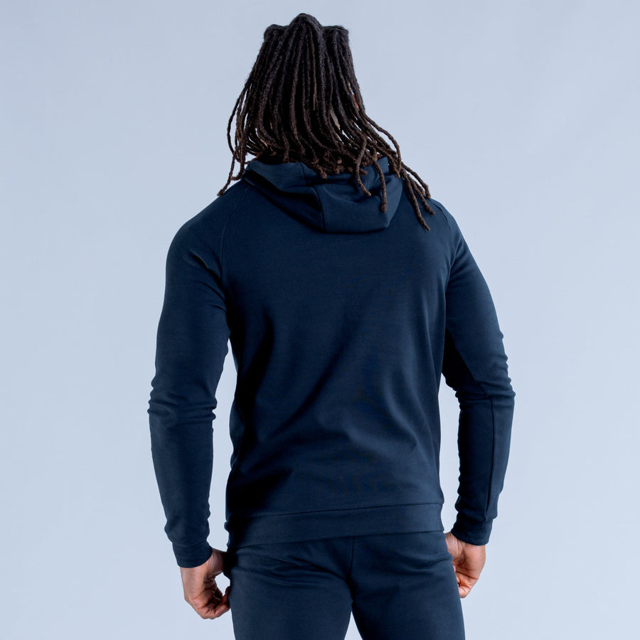 Navy midweight pullover hoodie, back view, with hood and kangaroo pocket