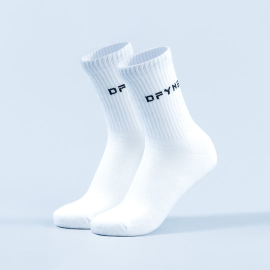 White crew socks with black logo lettering