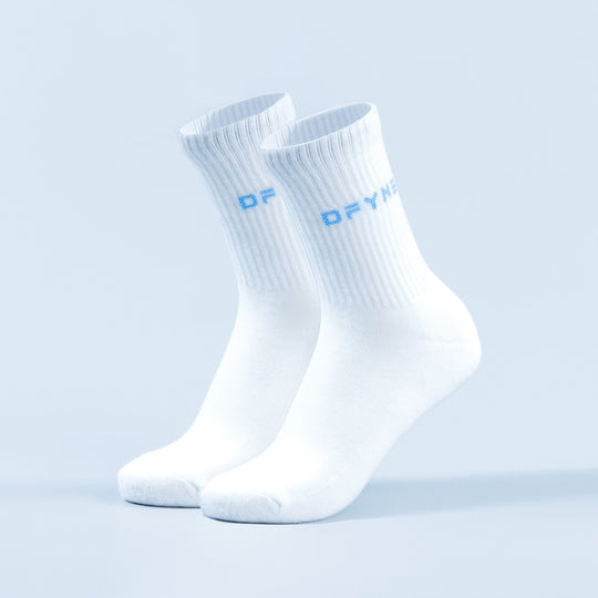 White crew socks with blue logo text on front