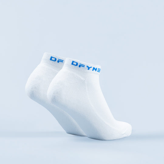 White ankle socks with blue logo on cuff