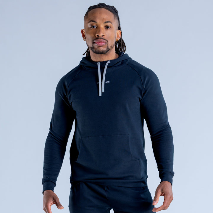 Navy midweight pullover hoodie with drawstring hood and front kangaroo pocket