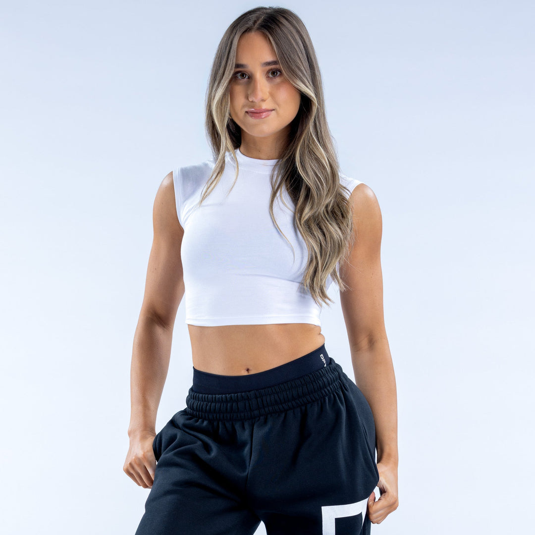 White sleeveless crop baby tee with crew neckline