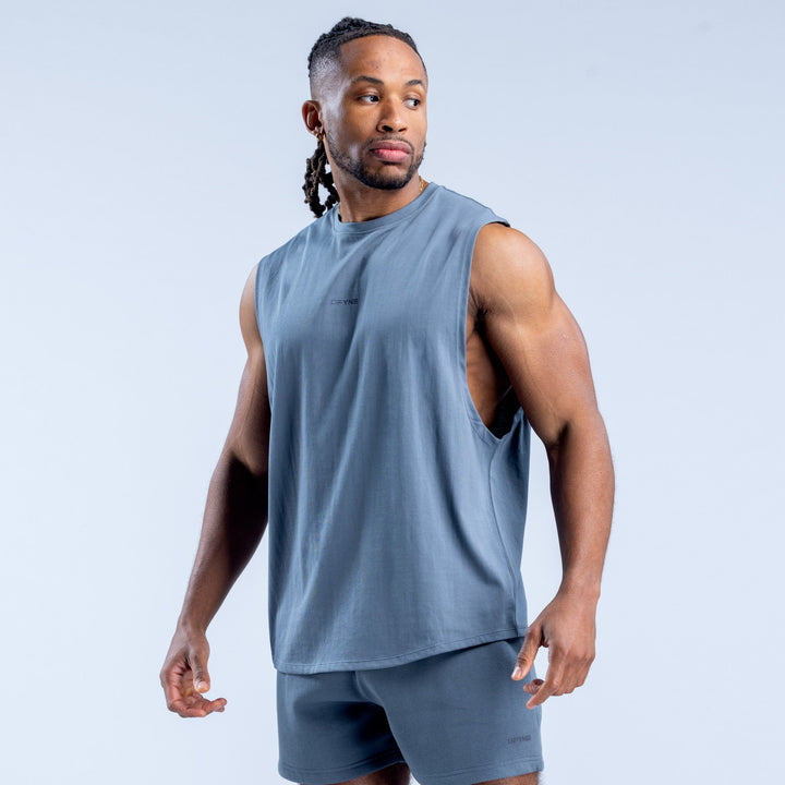 Blue sleeveless crew-neck tank top with relaxed fit