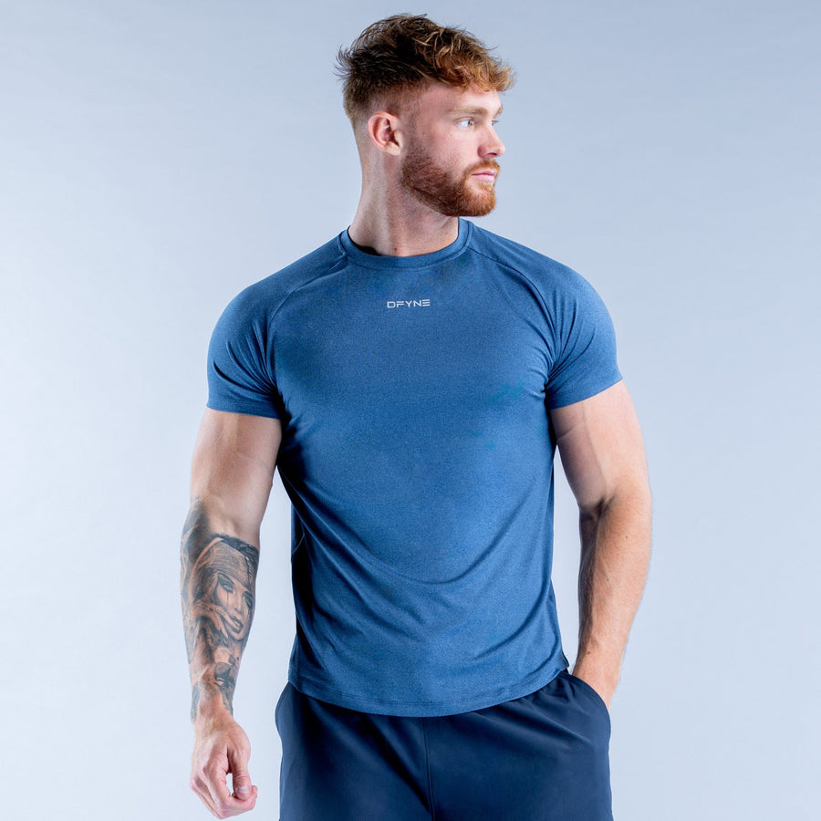 Blue crew-neck training T-shirt with short sleeves, athletic fitted cut