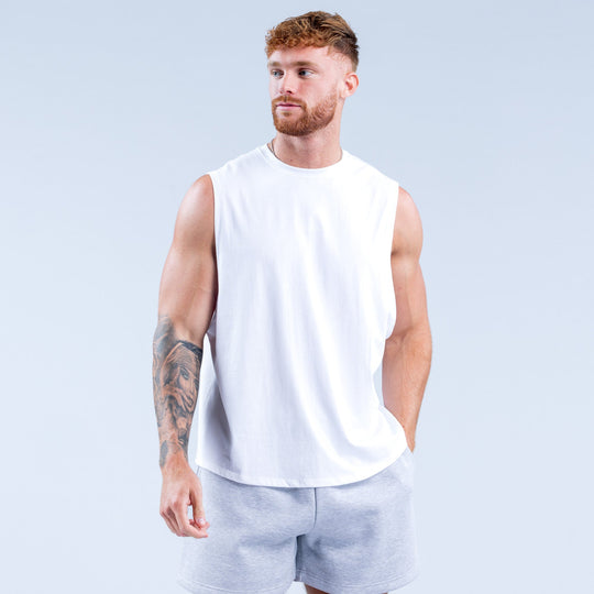 White sleeveless crew-neck tank top, standing front