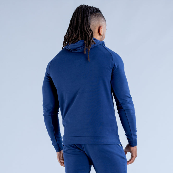 Royal blue hoodie back view with drawstring hood and kangaroo pocket