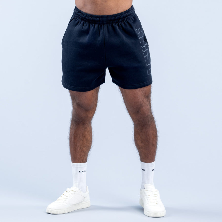 Navy graphic shorts with elastic waistband and side logo print