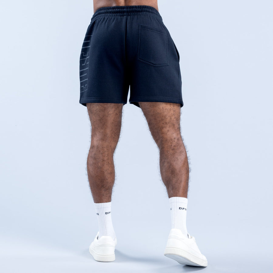 Navy graphic shorts, back view, elastic waistband with side panel print