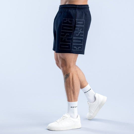 Navy graphic shorts with stacked abstract print on side panel