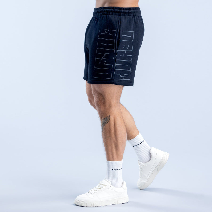 Navy graphic shorts with stacked abstract print on side panel