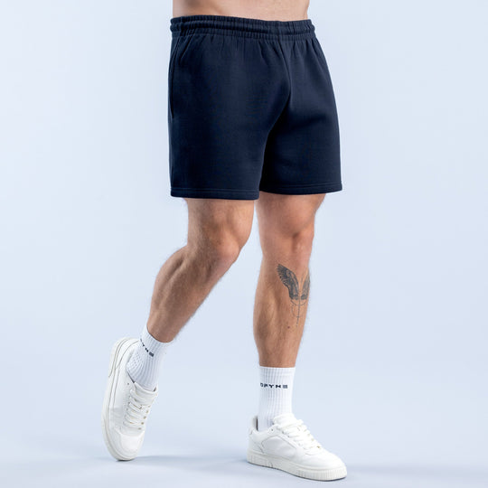 Navy graphic shorts with elastic waistband and clean front profile