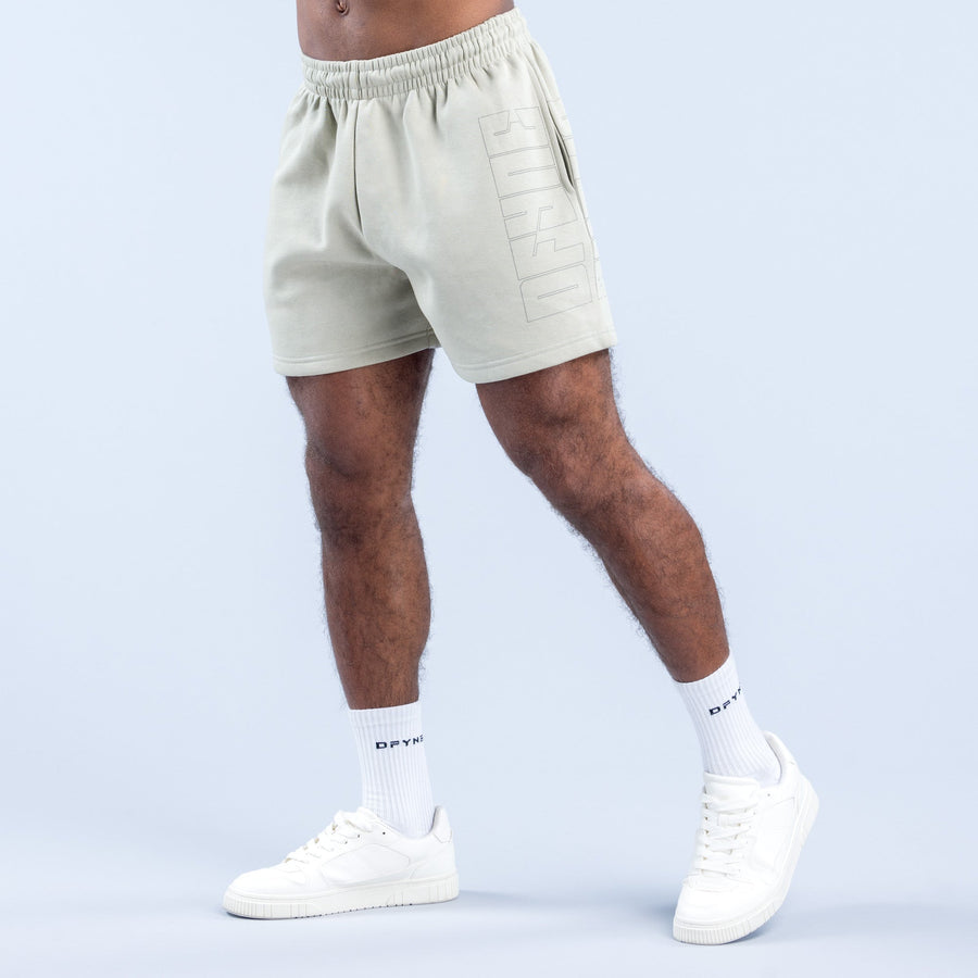 Light green graphic shorts, side view with vertical panel print