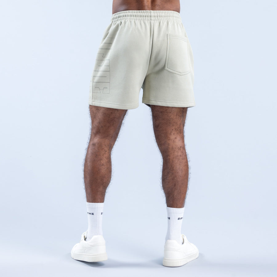 Light green graphic shorts, back view with side pocket and embossed print