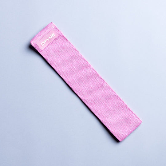 Pink fabric resistance band with DYFYN logo