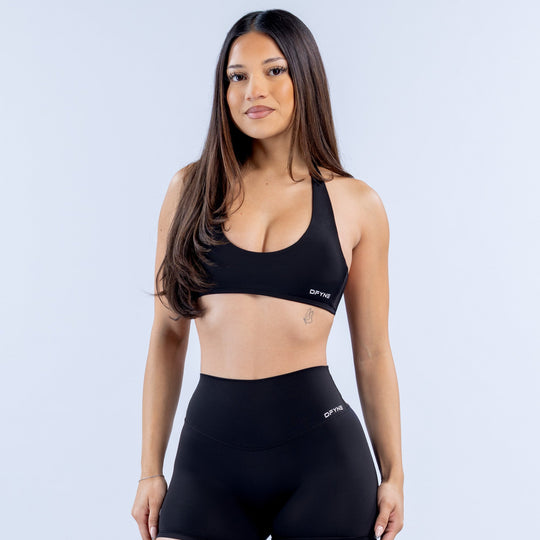 Black backless halter bra with scoop front and smooth underband