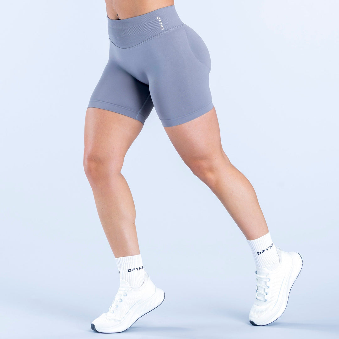 Slate blue 6.5-inch impact biker shorts, high waist, fitted, small side logo