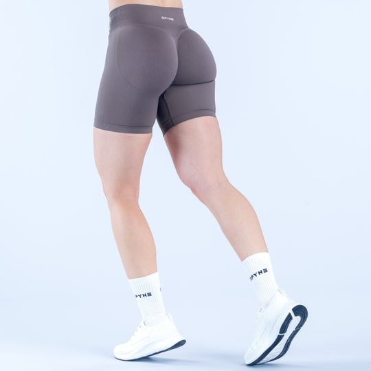 Dark gray 6.5-inch bike shorts with logo tag at back waistband