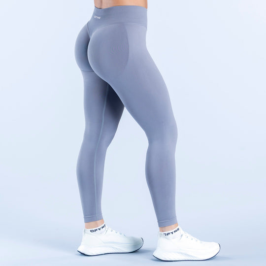 Steel-blue leggings back view with smooth look and full-length slim fit
