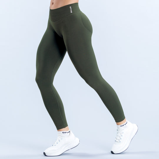 Impact Leggings in dark olive with a high waistband and full-length slim legs, front view