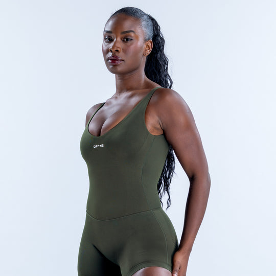 Olive green one-piece swimsuit shown from the front side, with a scoop neckline