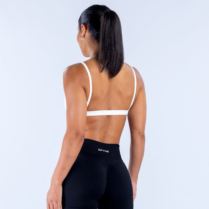 White scoop-neck sports bra back view with thin racer straps