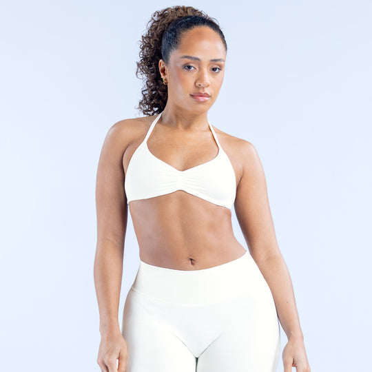 White strappy bra with V neckline and racerback straps