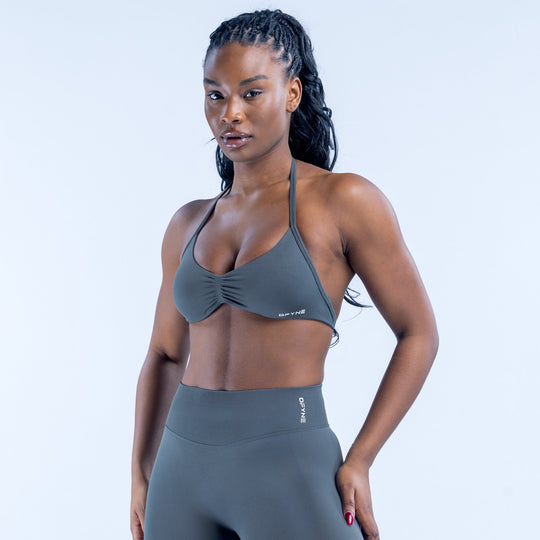 Front-view strappy bra with triangle cups and thin straps, dark gray