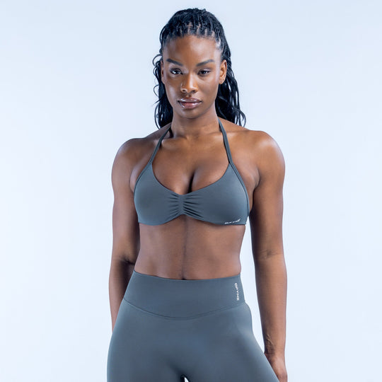 Front strappy bralette with halter-style straps and triangle cups, dark gray