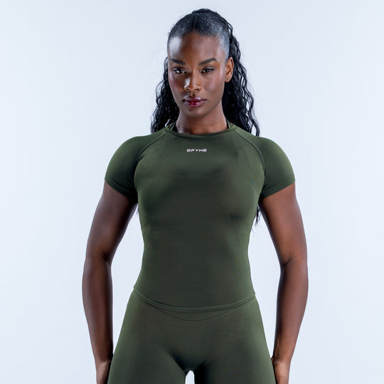 Olive green Impact short sleeve top with a fitted cut and raglan seams, front view