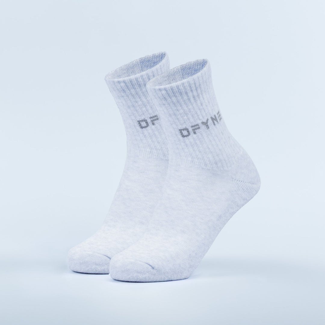 Light blue ribbed quarter socks with small logo on side, pair