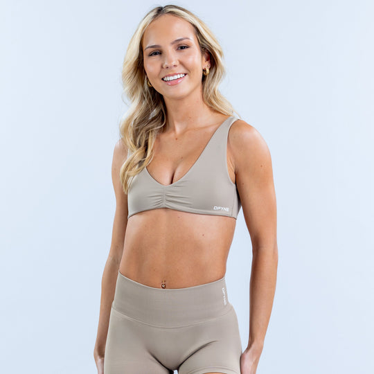 Minimal taupe bra with ruched front and wide shoulder straps