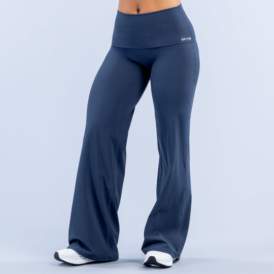 Navy fold-over wide-leg pants with smooth waistband and wide flared legs