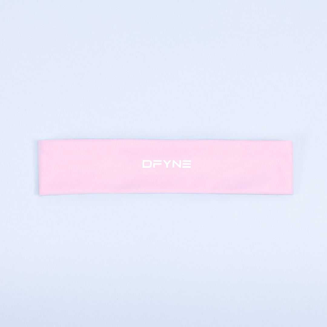 Pink fabric headband with centered DPYNE logo