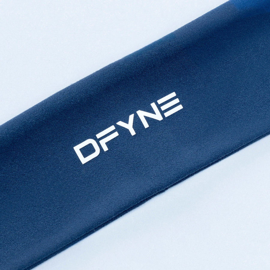 Navy headband with DFYNE logo lettering on fabric