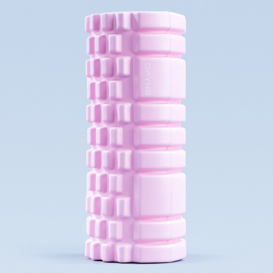Pink foam roller with DRYNE logo, dense grid ridged texture