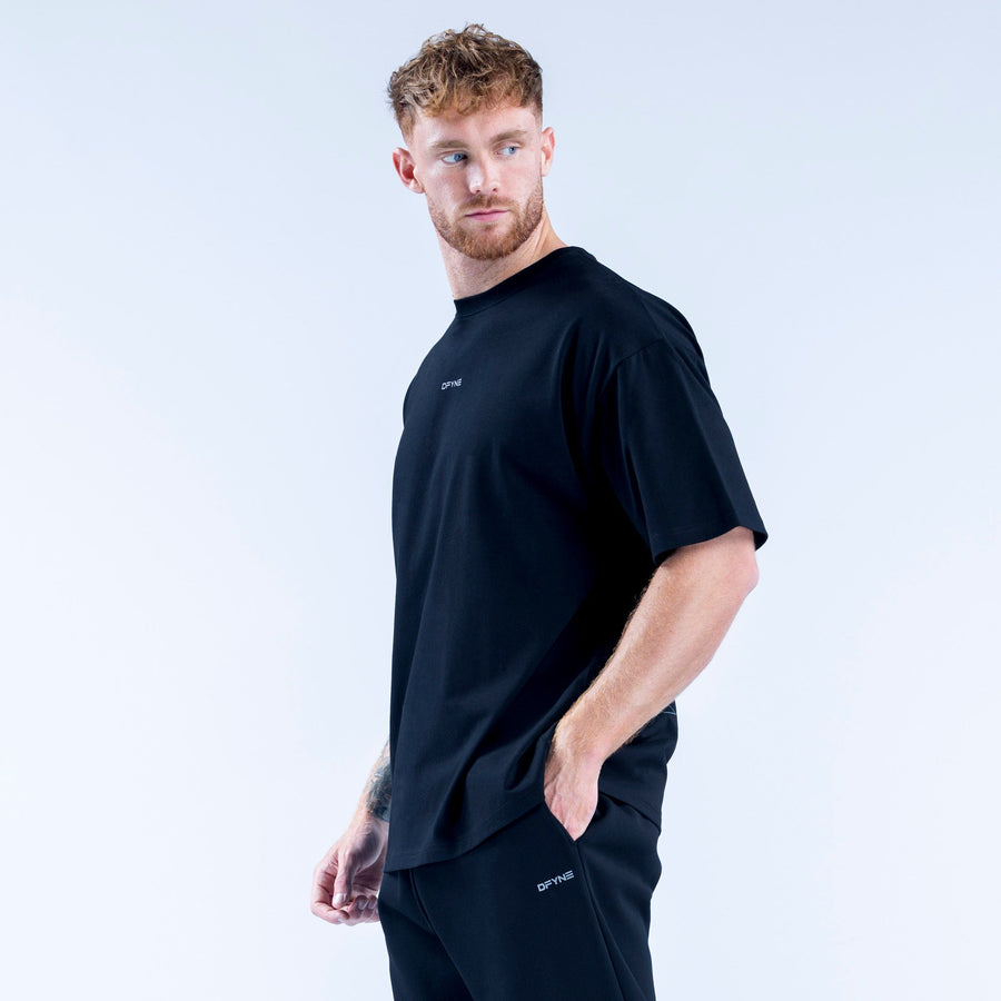 Men's black crew-neck graphic T-shirt, short sleeves and small chest logo