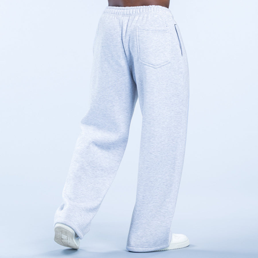 Light gray sweatpants with elastic waistband, slant pockets, and relaxed straight legs
