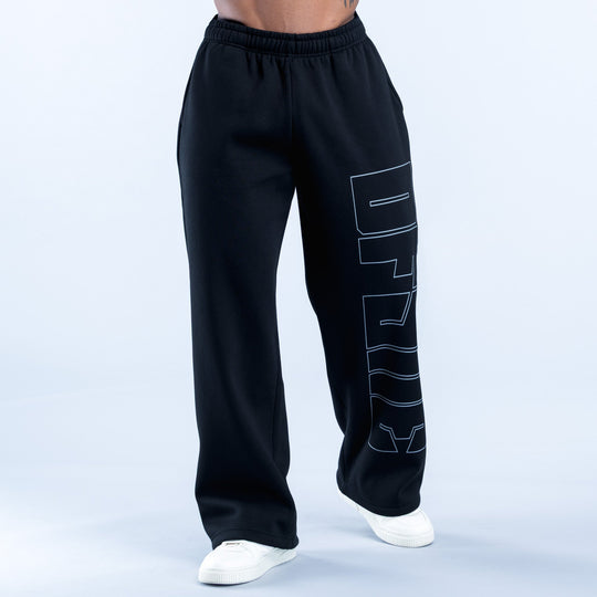 Black straight-leg joggers with elastic waistband and blue graphic side panel