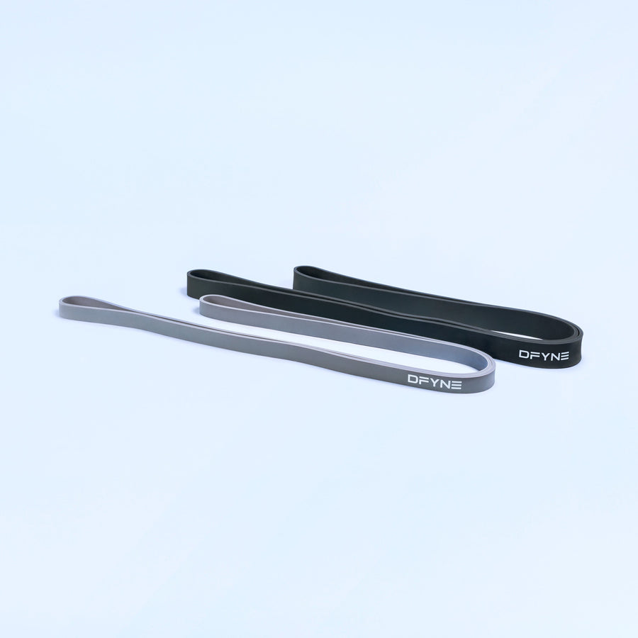 Resistance bands 2-pack: black and gray loop bands laid flat with DEYNE text