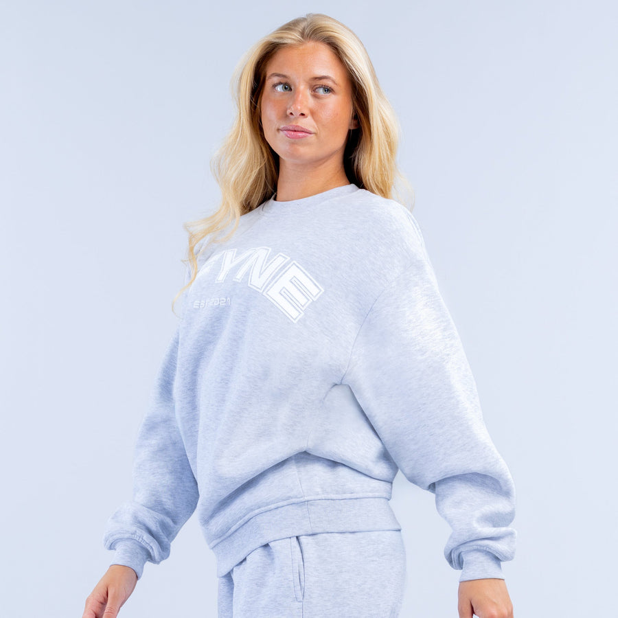 Light blue graphic crewneck sweatshirt with large chest logo