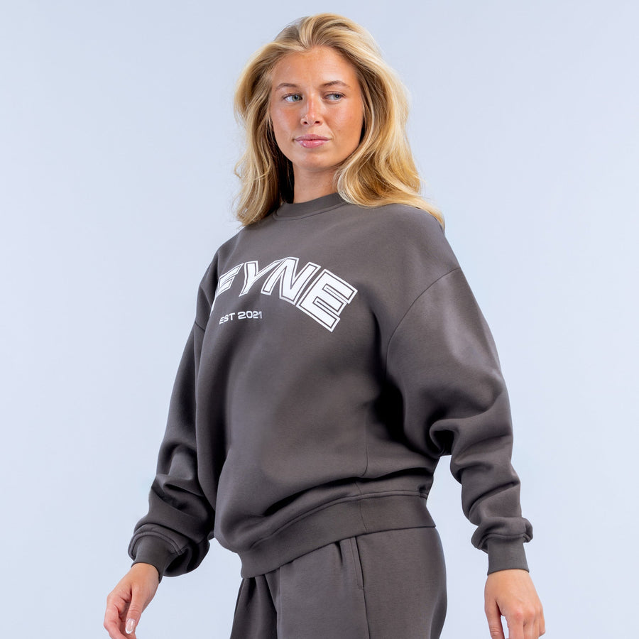 Dark gray crewneck sweatshirt with diagonal front logo graphic and ribbed hem