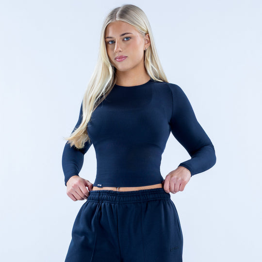 Navy ribbed long-sleeve crop top with crew neck