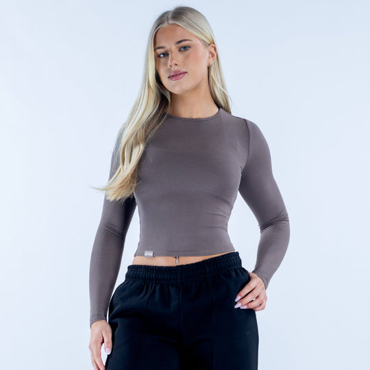 Taupe ribbed long-sleeve crop top with crew neck