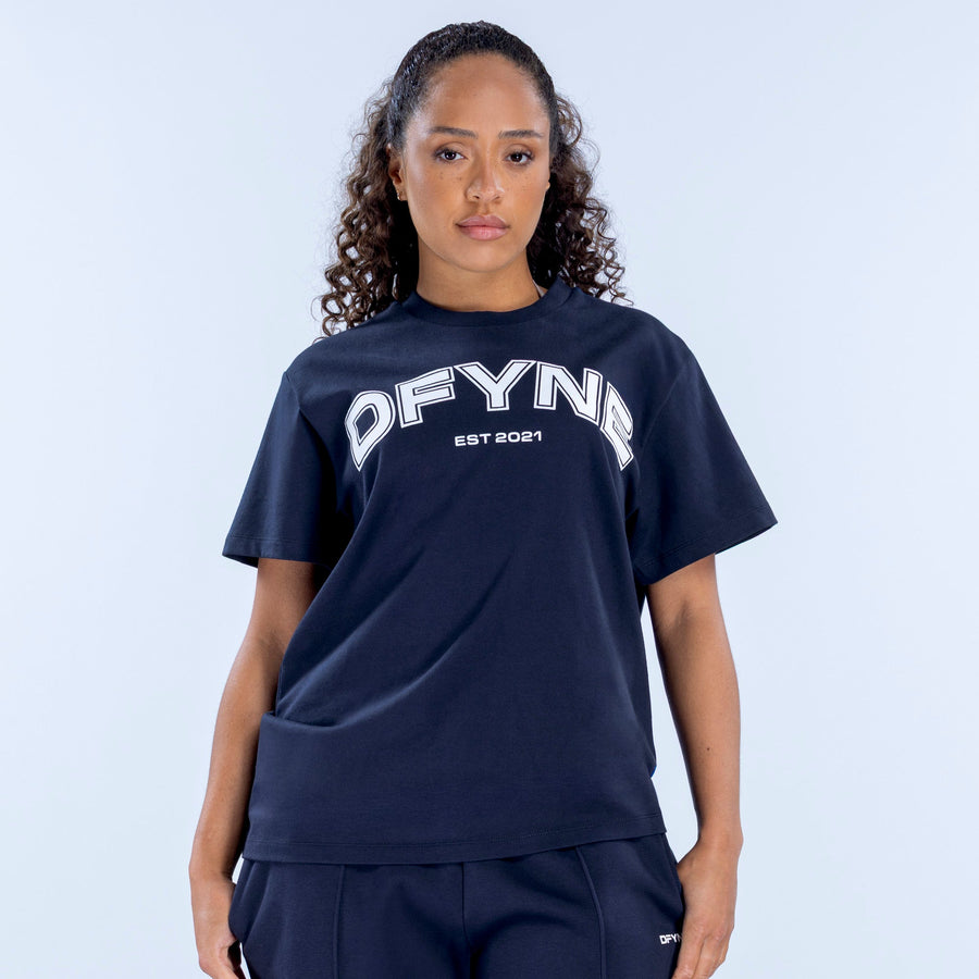 Navy oversized crew-neck graphic tee with DFYN EST 2021 logo on chest
