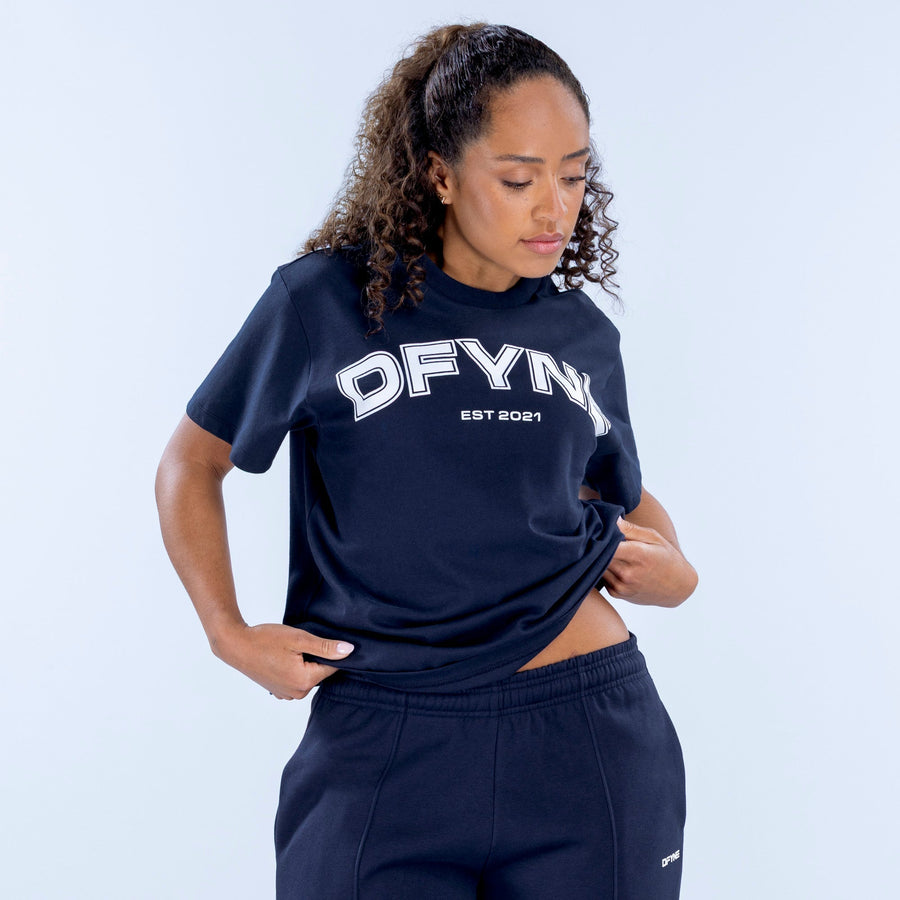 Navy oversized graphic tee with DFYN EST 2021 logo, crew neck, short sleeves