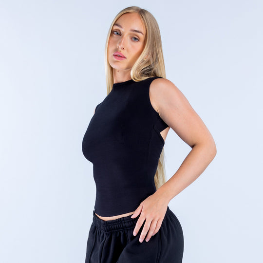 Black ribbed sleeveless top with high neck and straight hem