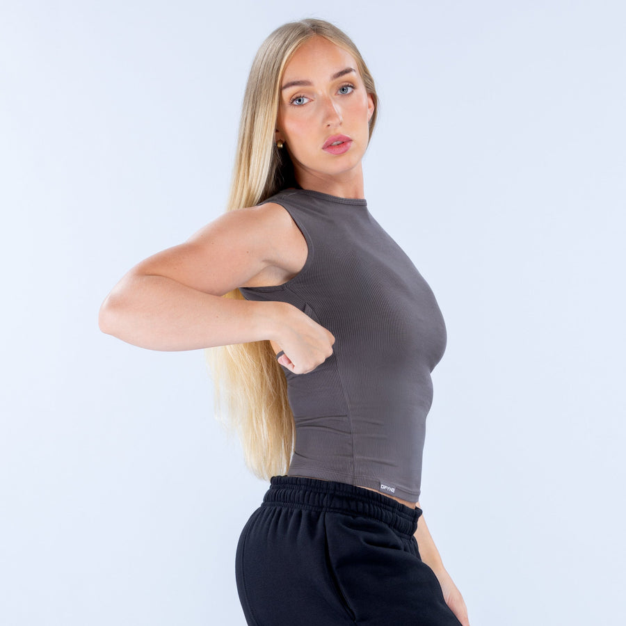 Side view of dark gray ribbed sleeveless backless top, fitted cropped length