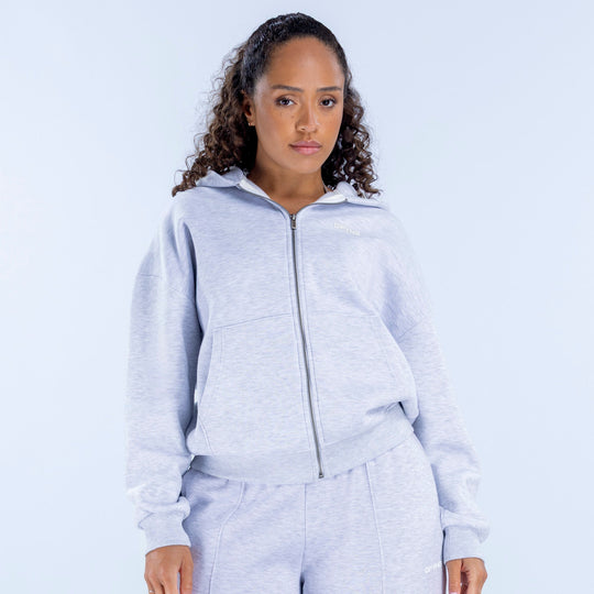 Light blue zip-front hoodie with hood and kangaroo pocket, ribbed cuffs and hem