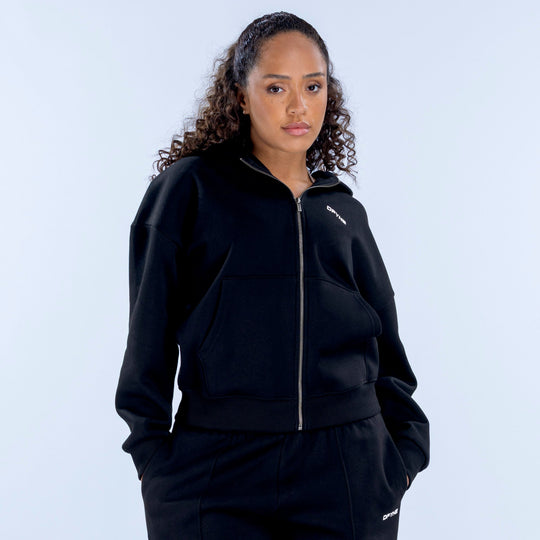 Black zip-front hoodie with hood and kangaroo pocket, small chest logo