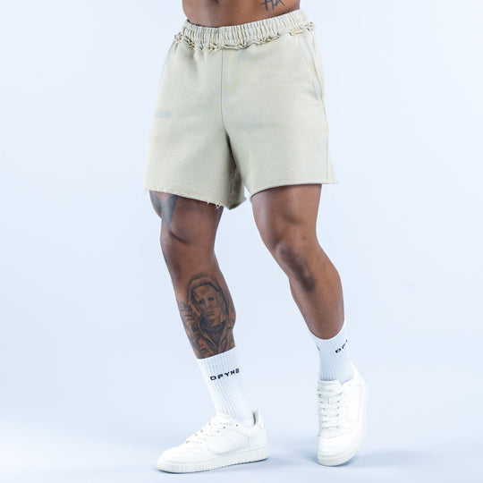 Light sage washed shorts with elastic waistband and straight front seams, front view